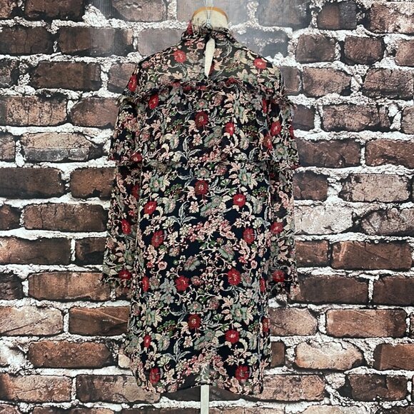 Zara Basic Collection Long Sleeve Dress Fringe Floral Red Black Size Small S - Picture 11 of 17